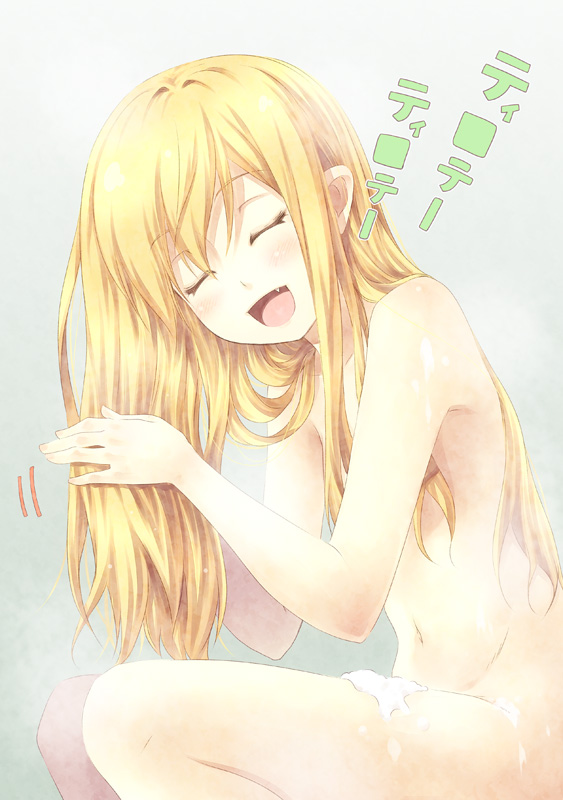 bakemonogatari blonde_hair closed_eyes fang kouji_(campus_life) long_hair lucky_star monogatari_(series) nisemonogatari nude open_mouth oshino_shinobu parody soap solo timotei