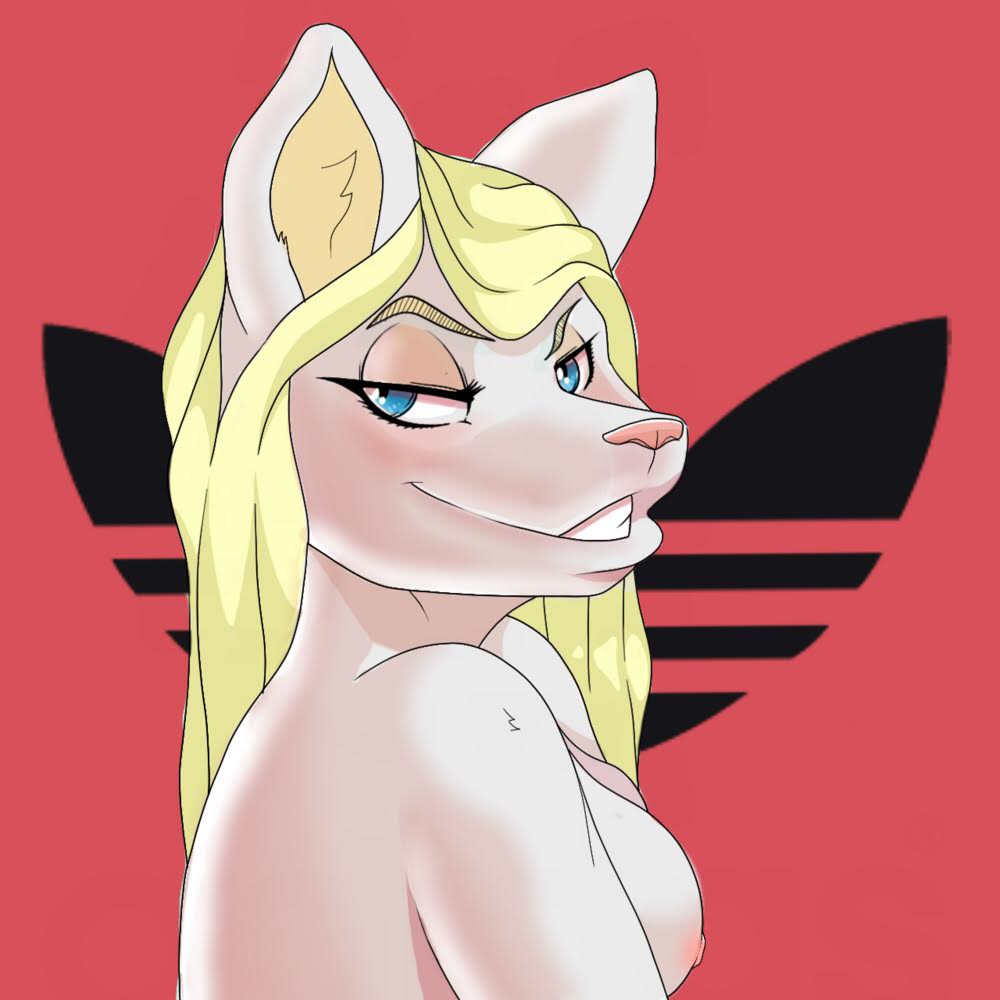 adidas anthro blonde_hair blue_eyes breasts canine covering fan_character female hair half-closed_eyes mammal nipples seductive solo spoongoon wolf