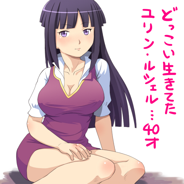 bangs blunt_bangs blush body_blush breasts cleavage dress gundam gundam_age hand_on_thigh large_breasts light_smile long_hair looking_at_viewer mature meow_(nekodenki) older parted_bangs popped_collar purple_eyes purple_hair purple_skirt shirt short_dress short_sleeves simple_background sitting skirt smile solo translation_request wariza white_background wing_collar yurin_leciel