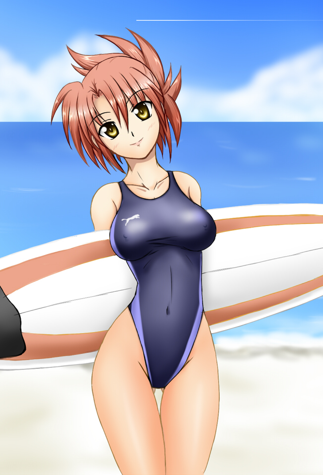 beach breasts brown_hair competition_swimsuit covered_nipples fuuma_nagi highleg highleg_swimsuit large_breasts legs lyrical_nanoha mahou_shoujo_lyrical_nanoha_strikers numbers_(nanoha) one-piece_swimsuit short_hair solo surfboard swimsuit thigh_gap thighs wendi_(nanoha) yellow_eyes