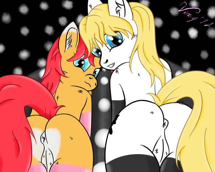 anus black_hair blonde_hair blue_eyes butt cub duo equine female hair horse mammal mane my_little_pony pony presenting presenting_hindquarters pussy red_hair tail take_your_pick turning_tricks vixy_(artist) vixy_hooves young