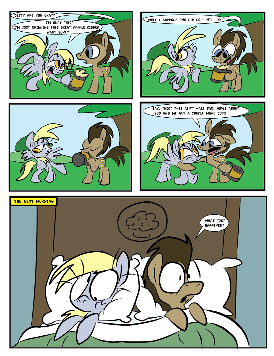 after_sex alcohol amber_eyes bed beverage blonde_hair blue_eyes brown_hair cider comic cutie_mark derpy_hooves_(mlp) dialog dialogue doctor_whoof_(mlp) doctor_whooves_(mlp) drunk english_text equine female feral food friendship_is_magic hair horse male mammal muffin my_little_pony pegasus pony tail text waggonercartoons wings