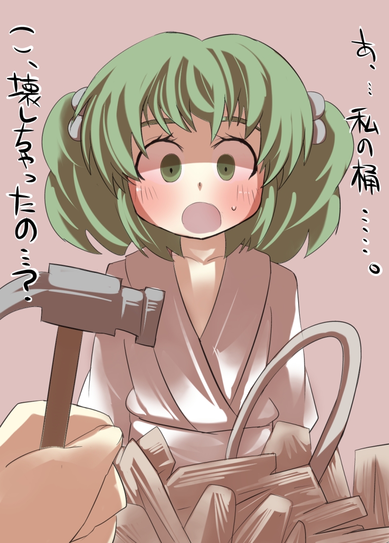 blush broken collarbone commentary_request gaoo_(frpjx283) hair_bobbles hair_ornament hammer japanese_clothes kimono kisume open_mouth short_hair solo sweat touhou translated