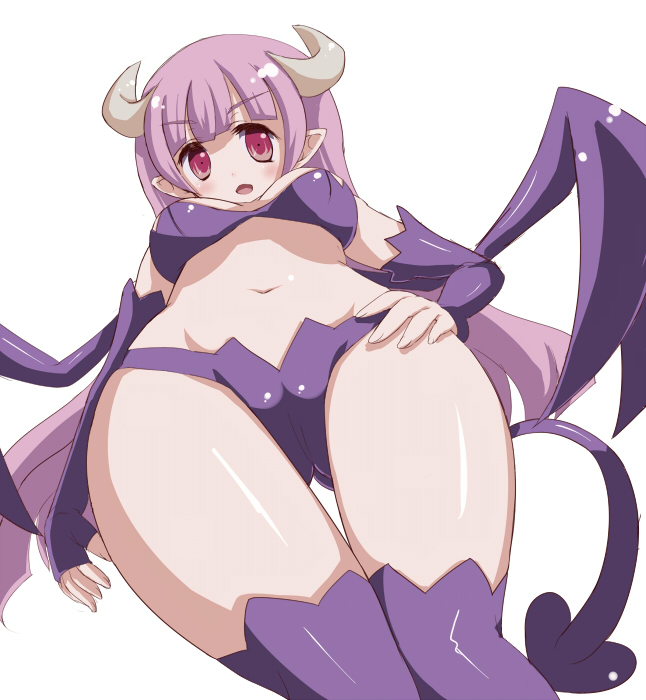 bad_id bad_pixiv_id bikini breasts cameltoe demon_girl demon_tail demon_wings disgaea from_below horns large_breasts long_hair navel panties pointy_ears purple_bikini purple_hair ryokuchaism simple_background solo succubus succubus_(disgaea) swimsuit tail thighhighs underwear white_background wings