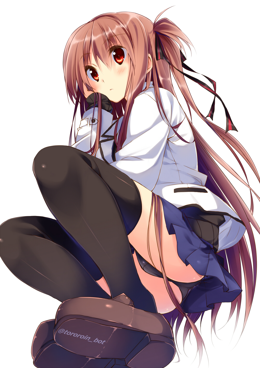 black_legwear black_panties blazer brown_hair buttons chin_rest from_below hair_ribbon highres jacket kuwashima_rein loafers long_hair one_side_up original panties pleated_skirt red_eyes ribbon shoes simple_background skirt sleeves_past_wrists solo sweater thighhighs tororo_inniina twintails underwear white_background