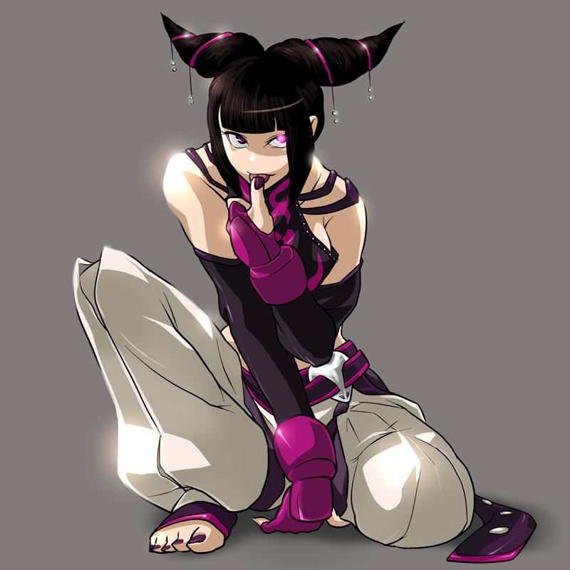 bad_id bad_pixiv_id baggy_pants bare_shoulders barefoot black_hair breasts detached_sleeves drill_hair dudou finger_to_mouth fingerless_gloves gloves glowing glowing_eye grey_background hair_ornament halter_top halterneck han_juri medium_breasts midriff nail_polish ojo_(dfreak) one_knee pants purple_eyes solo street_fighter street_fighter_iv_(series) toeless_legwear tongue tongue_out twin_drills