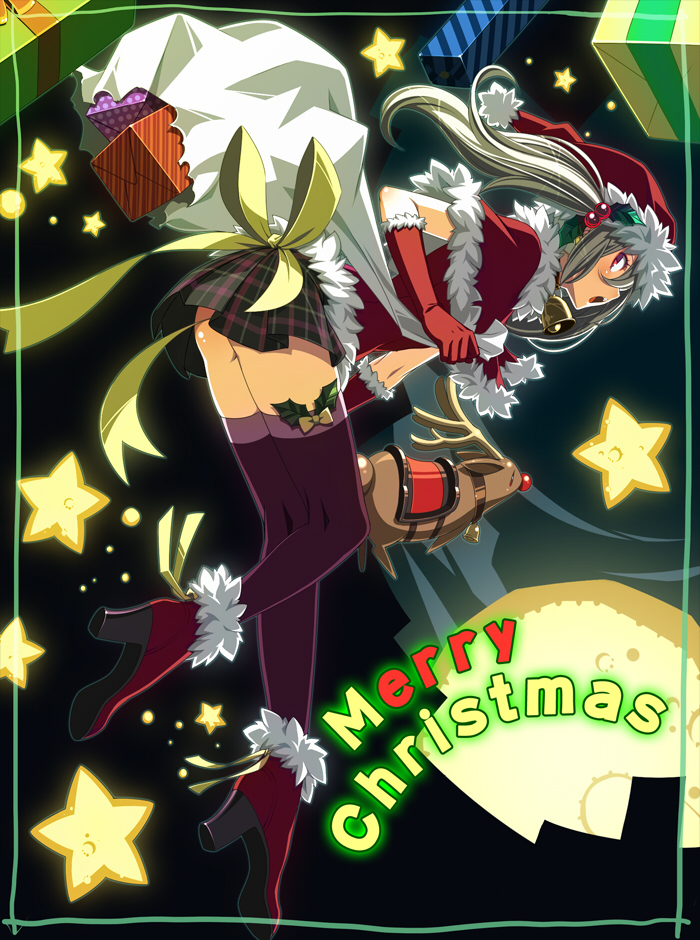 capelet christmas elbow_gloves gift gloves hair_bobbles hair_ornament high_heels lasa_(lasa1116) long_hair original plaid plaid_skirt red_eyes reindeer ribbon sack santa_costume shoes skirt solo star thighhighs twintails white_hair