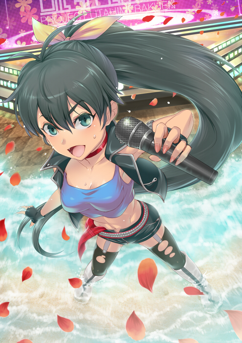 black_hair boots breasts cleavage collar crop_top don_michael fang fingerless_gloves from_above ganaha_hibiki garter_straps gloves green_eyes hair_ribbon idolmaster idolmaster_(classic) long_hair medium_breasts microphone midriff open_mouth petals ponytail punkish_gothic ribbon shirt shorts solo taut_clothes taut_shirt thighhighs torn_clothes torn_legwear very_long_hair wading water