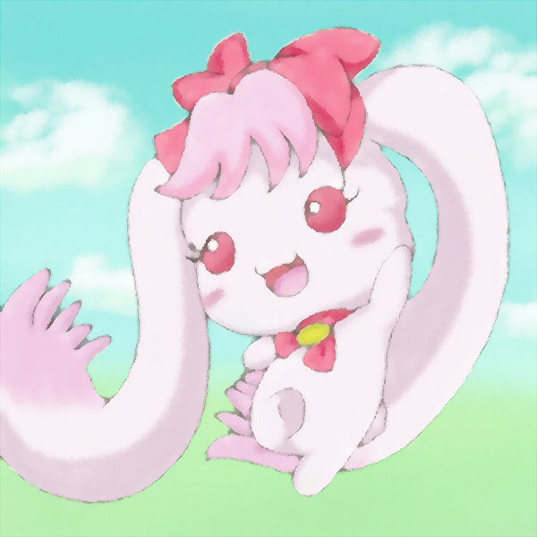 female fur hair hair_tuft long_ears milk_(pretty_cure) open_mouth otqss935jb outside pink pink_fur pink_hair pretty_cure red_eyes smile solo standing_on_one_foot