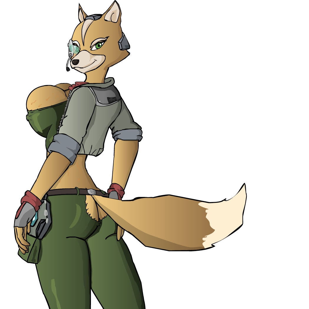 breasts butt canine crossgender eevo_(author) female fox fox_mccloud gloves helmet huge_breasts looking_at_viewer looking_back mammal nintendo nipples side_boob standing star_fox tail_clothing tail_hole video_games video_games_nude