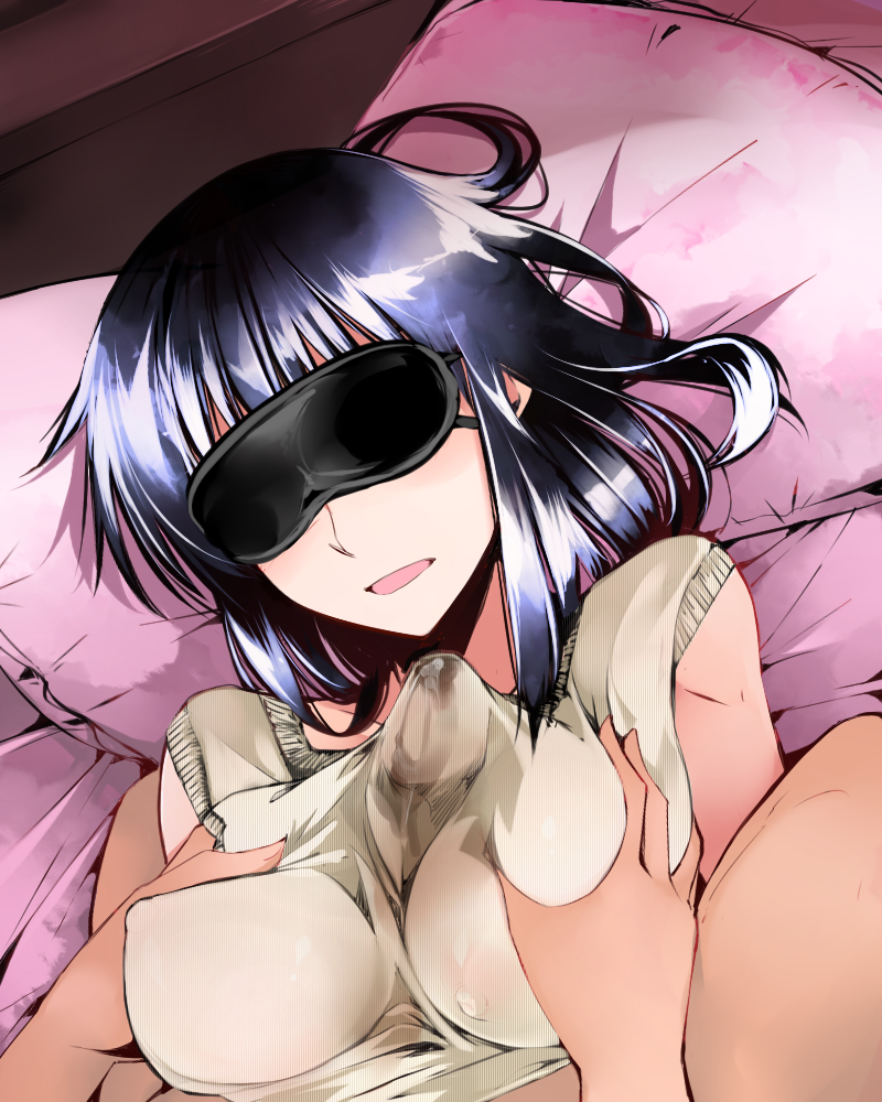 black_hair blindfold breast_grab breasts cosaten covered_nipples cum cum_in_clothes cum_through_clothes grabbing large_breasts paizuri paizuri_under_clothes penis penis_under_clothes pillow school_rumble solo_focus suou_mikoto