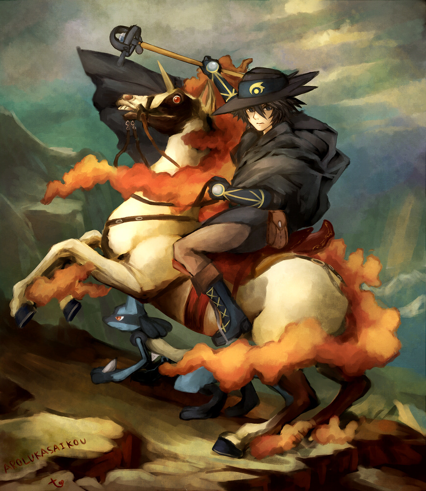 canine equine feral fine_art_parody group horn human inspired_by_proper_art jackal lucario male male_focus mammal napoleon napoleon_bonaparte napoleon_crossing_the_alps nintendo parody pok&#233;mon pokemon pokemon_(anime) pokemon_(game) pokemon_diamond_and_pearl pokemon_dppt rapidash sir_aaron sir_arlon torute unicorn video_games