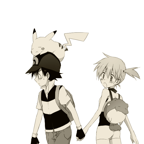 1girl alternate_costume backpack bad_id bad_pixiv_id bag black_hair blush closed_eyes fingerless_gloves gen_1_pokemon gen_3_pokemon gloves hat hetero holding_hands kasumi_(pokemon) monochrome ochappa on_head open_mouth pikachu pokemon pokemon_(anime) pokemon_(creature) pokemon_ag pokemon_on_head popped_collar satoshi_(pokemon) side_ponytail simple_background spheal sweatdrop tsundere white_background