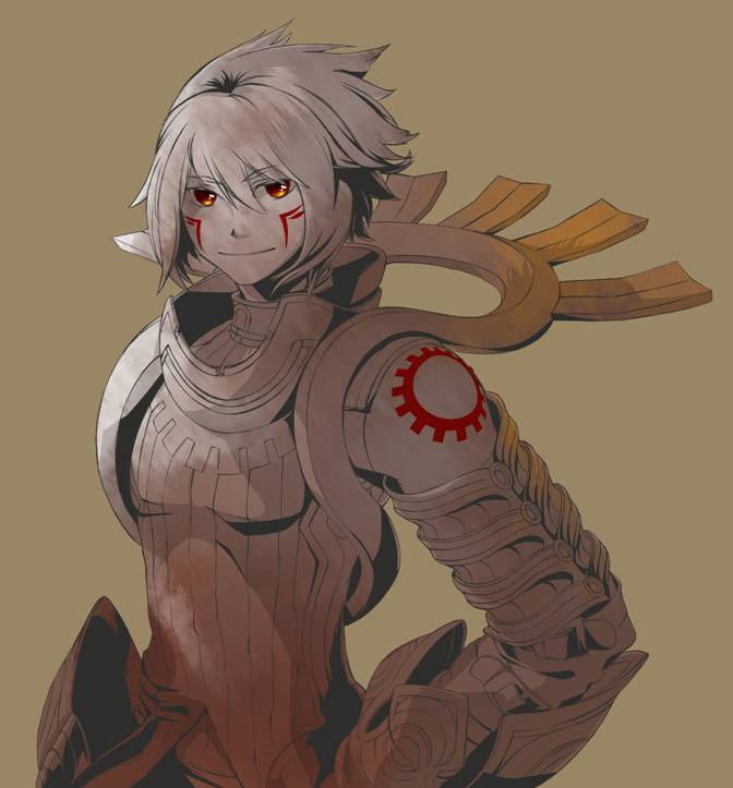 .hack//g.u. .hack//roots 1boy armor bad_id bad_pixiv_id bare_shoulders brown_background elbow_gloves farbevogel5 gloves haseo_(.hack//) male_focus red_eyes smile solo tattoo white_hair