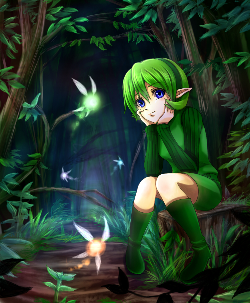 blue_eyes boots fairy forest green_footwear green_hair green_hairband hairband hands_on_own_cheeks hands_on_own_face long_sleeves nature navi pointy_ears saria short_hair shorts sitting sitting_on_tree_stump the_legend_of_zelda the_legend_of_zelda:_ocarina_of_time tree tree_stump youzu