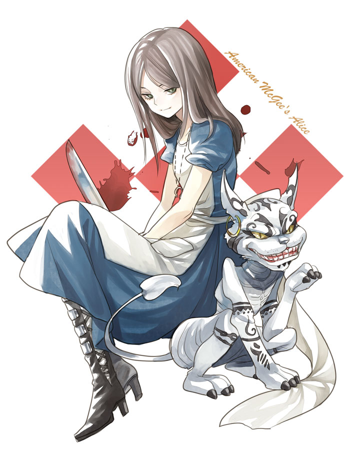 alice_(wonderland) alice_in_wonderland american_mcgee's_alice apron bad_id bad_pixiv_id boots brown_hair cat cheshire_cat dress earrings green_eyes jewelry knife long_hair necklace tokitou_fuji weapon