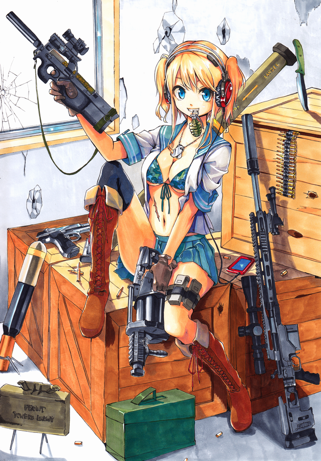ammo_box ammunition_belt beretta_92 bikini bikini_under_clothes bipod blonde_hair blue_eyes boots box breasts broken_glass bullet bullet_hole bullpup camouflage cartridge claymore_(mine) cleavage copyright_request crate cross-laced_footwear digital_media_player dog_tags explosive front-tie_top glass gloves grenade grenade_launcher grin gun handgun headphones knife lace-up_boots locked_slide looking_at_viewer m32 magazine_(weapon) medium_breasts meso-meso milkor_mgl mine_(weapon) mouth_hold navel on_box open_clothes open_shirt p90 pistol rifle rocket_launcher scar school_uniform scope shell_casing shirt sitting sitting_on_box sling smaw smile sniper_rifle solo submachine_gun suppressor swimsuit swimsuit_under_clothes twintails underboob weapon window xm2010