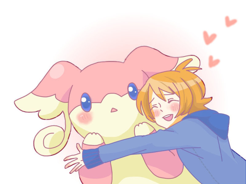 ambiguous_gender audino blonde_hair blue_eyes blush cute eyes_closed fanboy hair hug human looking_at_viewer male mammal nintendo plain_background pok&#233;mon pok&eacute;mon ro-bi-n video_games white_background