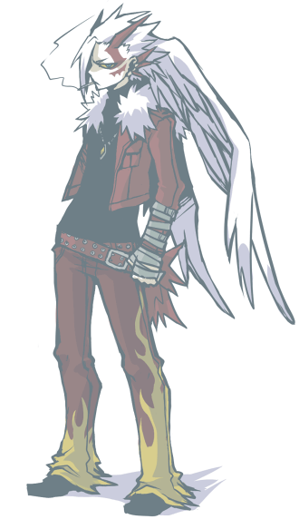 angel_wings belt black_shirt blaziken cigarette fire full_body fur_collar fur_trim horns jacket jewelry looking_at_viewer male male_focus monster_boy multiple_belts necklace personification pokemon red_jacket red_pants shirt simple_background smoking solo standing tattoo turtleneck white_background white_hair wings zangoose