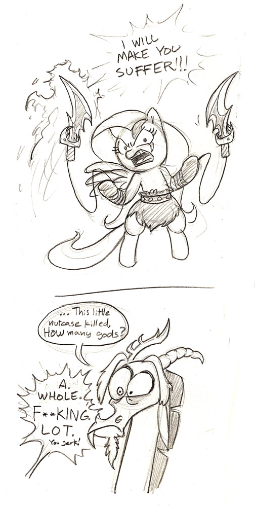 afraid antler antlers beard comic crossover dialog dialogue discord_(mlp) draconequus english_text equine facial_hair female fluttershy_(mlp) friendship_is_magic god_of_war hair horn horse kratos male mammal mickeymonster my_little_pony pegasus pony scared swearing sword tail text video_games weapon wings
