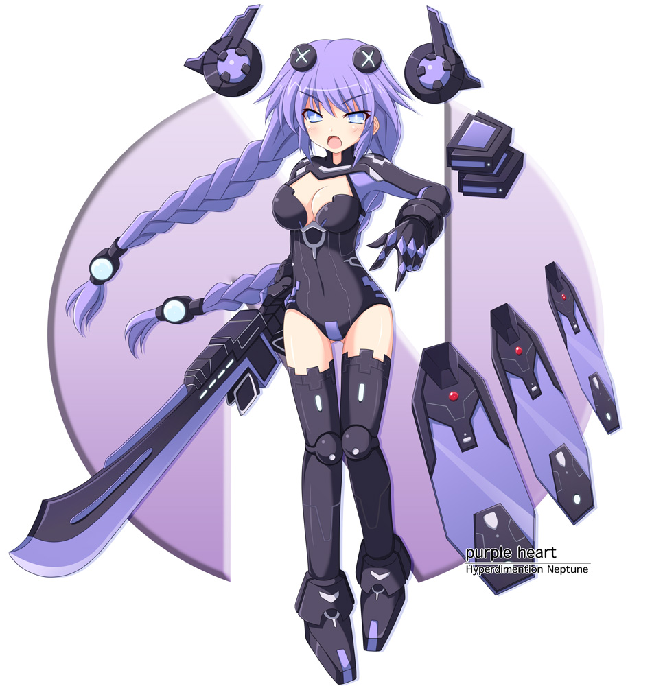 :o bangs black_legwear blue_eyes blush boots bracer braid breasts character_name cleavage cleavage_cutout copyright_name covered_navel cross_(crossryou) floating floating_hair floating_object full_body gloves headgear holding holding_weapon leotard logo long_hair looking_at_viewer magical_girl mecha_musume medium_breasts neptune_(series) open_mouth purple_hair purple_heart solo standing sword thigh_boots thigh_gap thighhighs turtleneck twin_braids v-shaped_eyebrows very_long_hair weapon white_background