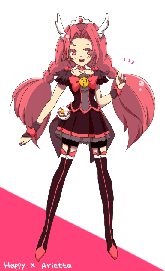 arietta black_dress black_legwear boots bow character_name choker cure_happy dress fusion head_wings long_hair magical_girl pink_eyes pink_hair precure ribbon rio_kohaku skirt smile smile_precure! solo tales_of_(series) tales_of_the_abyss thigh_boots thighhighs tiara twintails wrist_cuffs