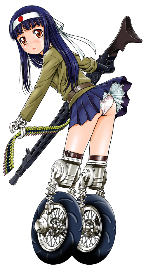 ammunition_belt amputee ass bullet flat_ass gun japanese_flag looking_back machine_gun mecha_musume mg42 military military_uniform miniskirt official_art open_mouth orange_eyes original panties pantyshot prosthesis purple_hair simple_background skirt solo type_7_light_tank underwear uniform upskirt weapon white_background wunderbar! yoshida_hajime