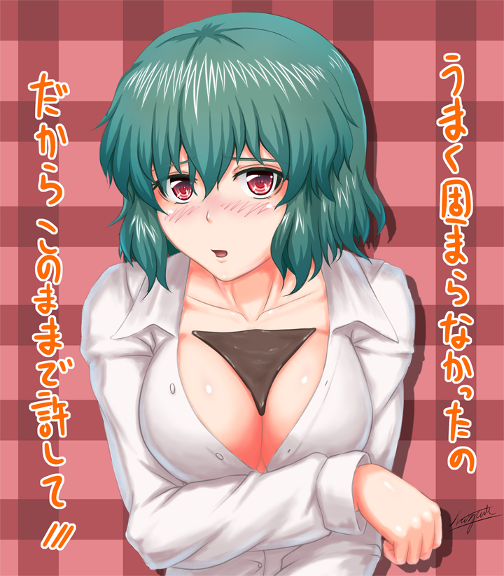 blush breast_hold breasts chocolate cleavage green_hair kazami_yuuka large_breasts nazal open_clothes open_mouth open_shirt red_eyes shirt short_hair solo touhou translated