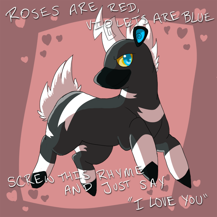 &hearts; &lt;3 abstract_background ambiguous_gender black black_fur blitzle blue_eyes end-of-after english_text fur hair holidays humor irony nintendo pink_background plain_background pok&#233;mon pok&eacute;mon solo text valentine's_day valentine's_day video_games white white_fur white_hair yellow_sclera