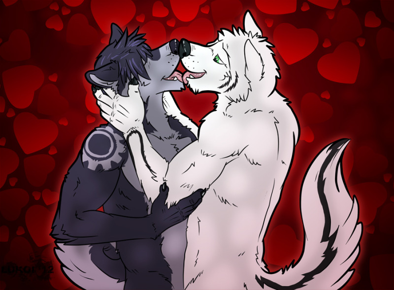anthro biceps black_fur black_nose blue_fur canine claws couple dog duo eyes_closed fangs fur gay gear green_eyes gripping hair hearts holding holidays husky kissing love lukoi male mammal muscles nude pecs pose romantic tattoo tongue valentine's_day valentine's_day vond white_fur wolf