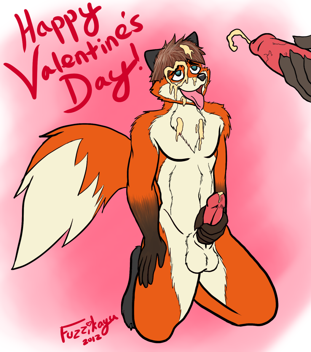 &hearts; &lt;3 anthro balls brown_hair canine cum cum_on_face cumshot duo english_text fox fuzzikayu gay hair holidays male mammal masturbation nude orgasm penis solo text tongue valentine's_day valentine's_day