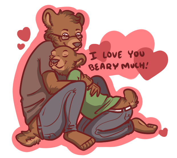 &hearts; &lt;3 5_toes affection ambiguous_gender anthro bear bedbugbeastie brown brown_fur clothing couple cuddle cuddling duo eyes_closed eyewear female fur glasses hindpaw holidays hug love male mammal pants paws pink plain_background septum shirt smile tail toes valentine's_day valentine's_day white_background