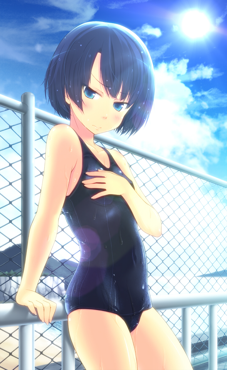 amamiya_minato ano_natsu_de_matteru arm_support bad_id bad_pixiv_id bangs beach blue_eyes blue_hair blue_sky blush chain-link_fence cliff cloud day fence fingernails flat_chest hand_on_own_chest highres long_fingernails looking_at_viewer mountain navel ocean old_school_swimsuit one-piece_swimsuit outdoors parted_bangs railing school_swimsuit shiny shiny_clothes short_hair sky solo standing sun swimsuit tanigawa_kanna water wet wet_clothes wet_hair
