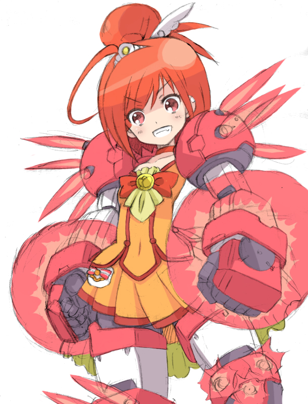 :d choker cure_sunny grin gundam gundam_age gundam_age-1 gundam_age-1_titus hino_akane_(smile_precure!) kannagi_kaname looking_at_viewer looking_down magical_girl mecha mecha_musume mechanical_arms mechanical_legs open_mouth orange_(color) orange_choker orange_hair orange_skirt precure red_eyes short_hair simple_background sketch skirt smile smile_precure! solo standing v-shaped_eyebrows white_background