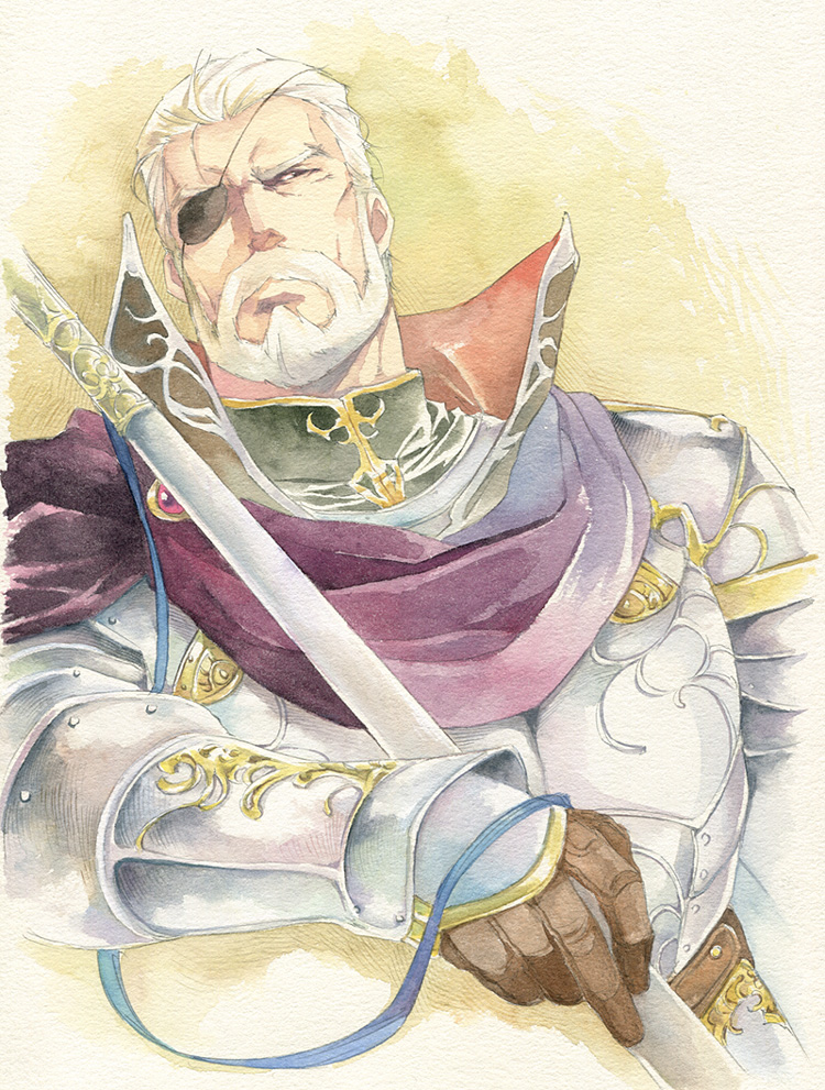 agahari armor beard eyepatch facial_hair fire_emblem fire_emblem:_monshou_no_nazo lorenz male_focus manly old_man solo traditional_media white_hair