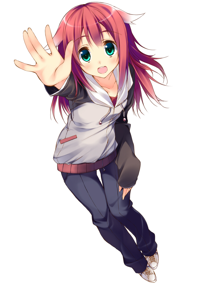 :d \||/ arm_up collarbone full_body gradient_hair green_eyes hand_gesture hand_on_thigh hood hoodie kuwashima_rein leaning_forward long_hair long_sleeves multicolored_hair open_mouth pants pink_hair pure_(zenryaku_yome_atarimashita) shoes simple_background sleeves_past_wrists smile sneakers solo white_background zenryaku_yome_atarimashita