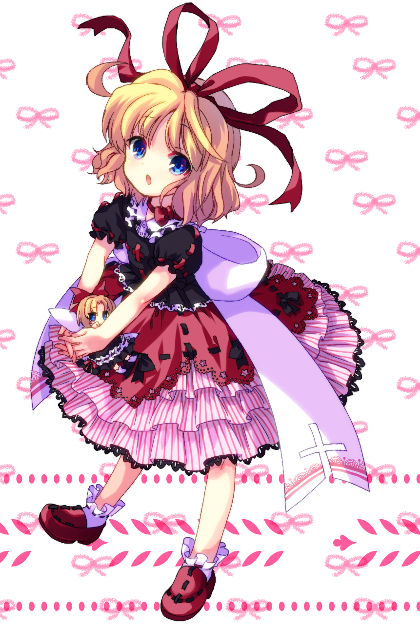 amo blonde_hair blue_eyes bow doll fairy_wings hair_bow hair_ribbon highres medicine_melancholy minigirl open_mouth ribbon shirt short_hair skirt solo su-san touhou wings