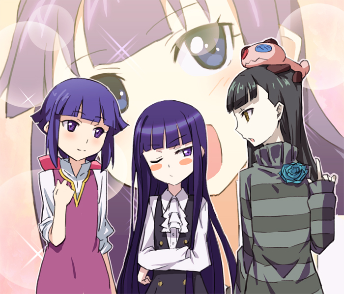 blush crossed_arms crossover dress gia_kon gundam gundam_age inu_x_boku_ss long_hair look-alike multiple_girls purple_eyes purple_hair sasa_kazamori shirakiin_ririchiyo sleeves_pushed_up smile stuffed_toy turtleneck un-go working!! yamada_aoi yurin_leciel