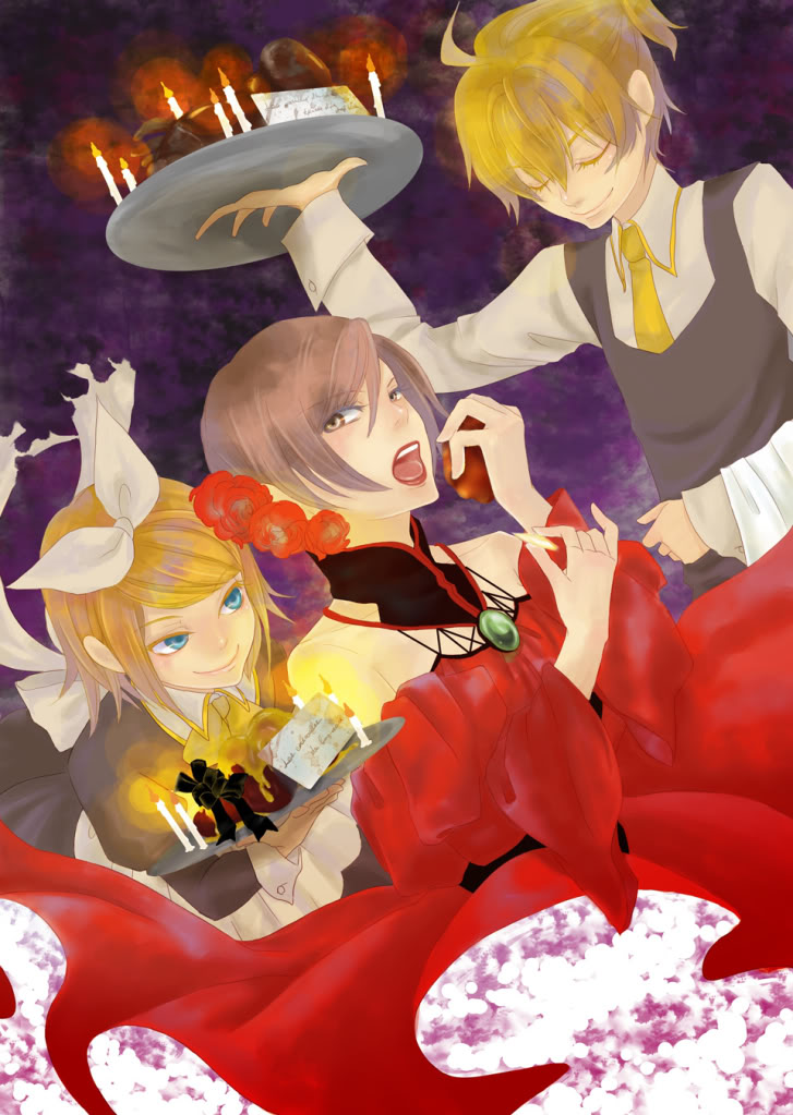 2girls akujiki_musume_conchita_(vocaloid) arte_(evillious_nendaiki) artist_request banica_conchita blonde_hair brown_hair candle choker dress eating evil_smile evillious_nendaiki food jewelry kagamine_len kagamine_rin lipstick makeup meiko multiple_girls necktie open_mouth pollo_(evillious_nendaiki) red_dress red_lips short_hair smile smirk vocaloid yellow_neckwear