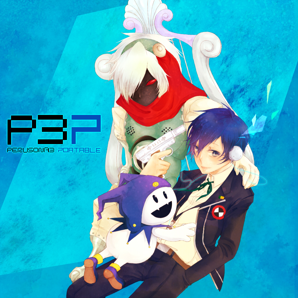 blue_eyes blue_hair bow digital_media_player evoker gun gun_to_head hair_over_one_eye hat headphones holding holding_gun holding_weapon jack_frost male_focus orpheus persona persona_3 persona_3_portable red_eyes ribbon school_uniform smile solo weapon white_hair yuuki_makoto