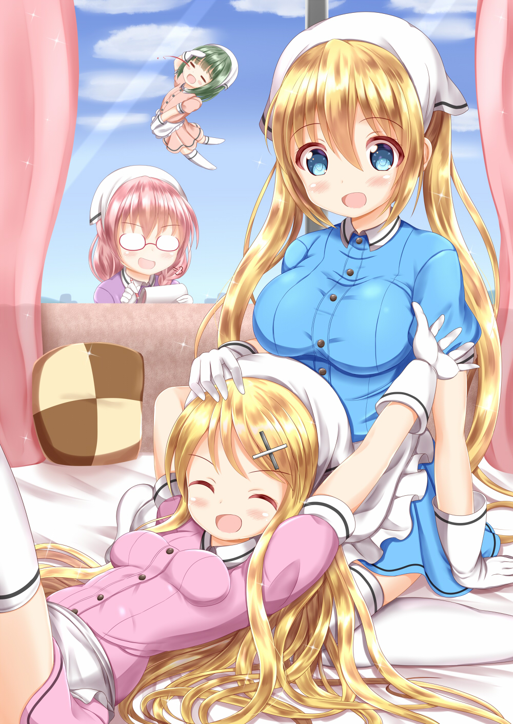 4girls :d ^_^ amano_miu apron arm_up bed_sheet blend_s blonde_hair blood blue_eyes blue_shirt blue_skirt blue_sky blush breasts brown_hair chibi closed_eyes cloud collared_shirt commentary_request company_connection cosplay crossover curtains day dress_shirt eyes_closed glasses gloves green_hair hair_ornament hairclip hand_on_another's_head head_scarf highres hinata_kaho holding holding_notepad holding_pencil indoors kin-iro_mosaic kujou_karen lap_pillow large_breasts long_hair lying manga_time_kirara matching_outfit medium_breasts multiple_girls no_shoes nosebleed notepad on_back oomiya_shinobu opaque_glasses open_mouth pencil pink_shirt pink_skirt pleated_skirt purple_shirt red-framed_eyewear semi-rimless_eyewear shirt sitting skirt sky smile stile_uniform thighhighs twintails under-rim_eyewear uniform very_long_hair waist_apron waitress wariza white_apron white_gloves white_legwear window x_hair_ornament zenon_(for_achieve)