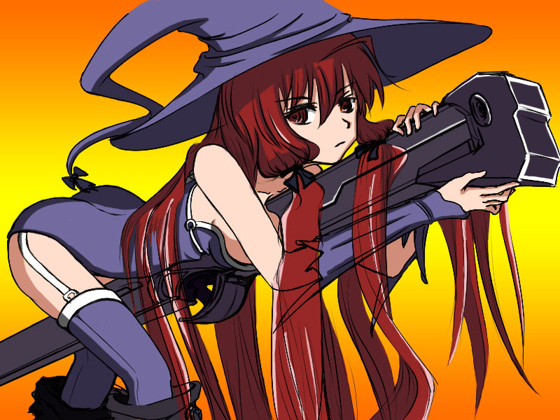 ass boots breasts cannon colorfag colorized drawfag garter_straps gunner's_broom hair_ribbon hat himuro_akari long_hair lying medium_breasts night_wizard on_stomach red_eyes red_hair ribbon sideboob solo straddling strapless thighhighs very_long_hair weapon witch_hat