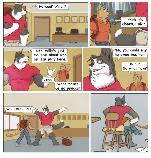 butt campground canine cat clubstripes comic cute dialog dialogue dog edit english_text feline gay huge male mammal muscles parody sheep_dog sheepdog spanking story text tree wood