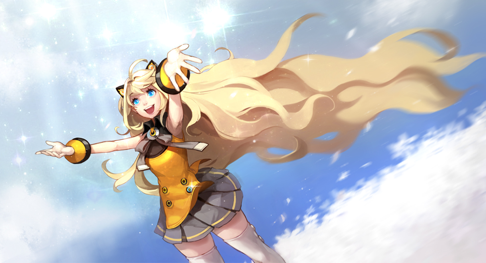 armpits arms_up bare_shoulders blonde_hair blue_eyes bracelet headset jewelry long_hair nawol open_mouth pointy_ears seeu skirt smile solo thighhighs very_long_hair vocaloid