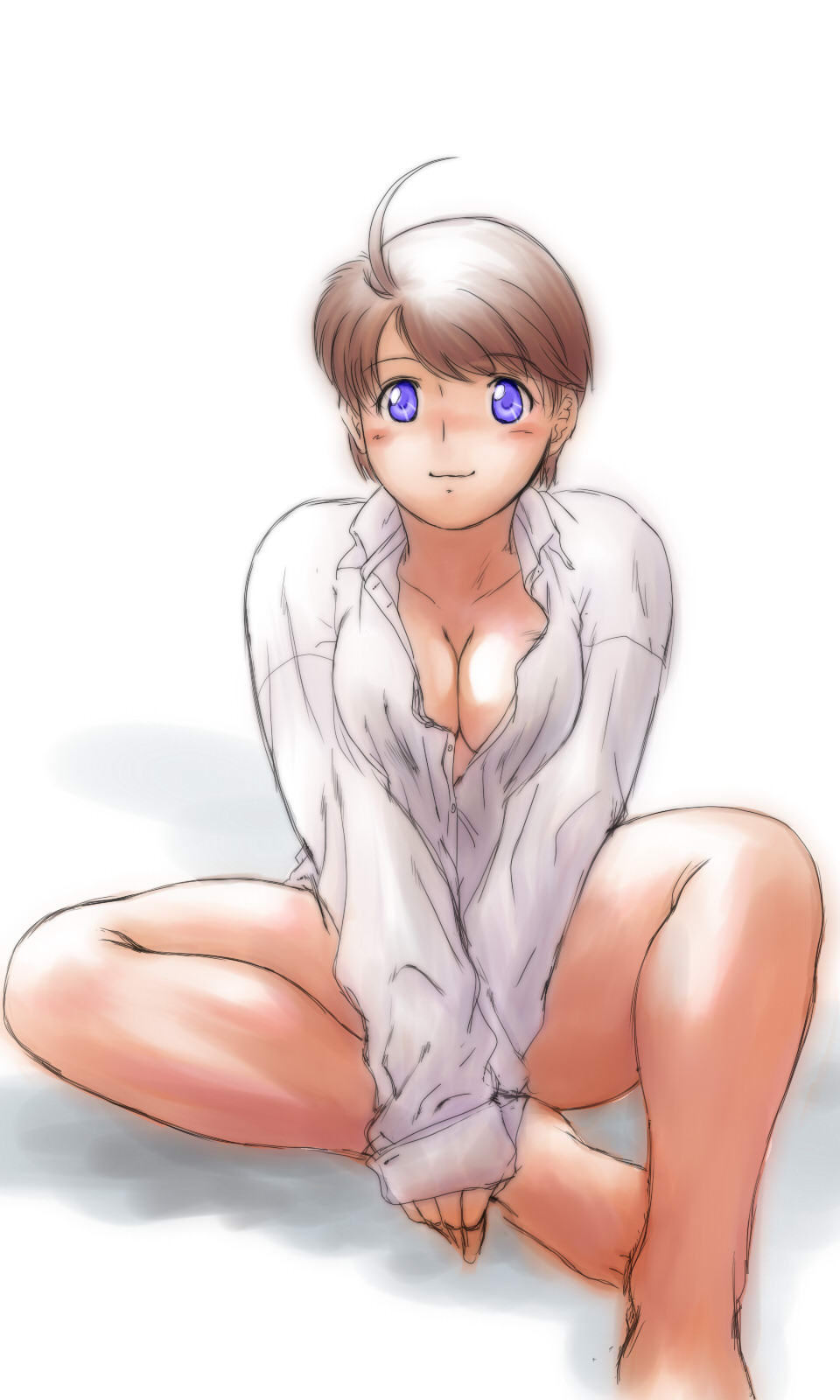 ahoge alluring blush bottomless cleavage legs makoto_ohgami no_shoes ookami_makoto purple_eyes red_hair sexy short_hair smile white_shirt