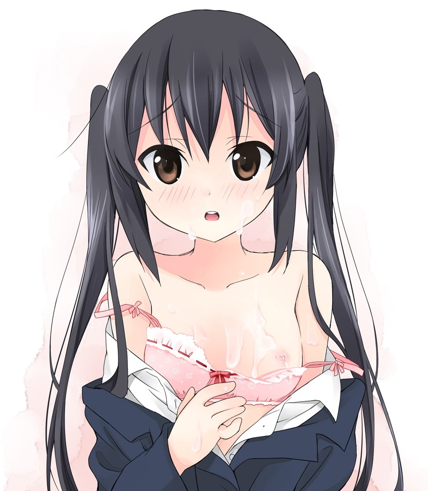 1girl black_hair blush bra bra_lift brown_eyes budding_breasts cum_on_arms cum_on_breasts cum_trail embarrassed erect_nipples facial female k-on! lingerie long_hair nakano_azusa nipples open_clothes open_mouth oppai pettanko pink_bra school_uniform schoolgirl semen shy small_breasts small_nipples solo twin_tails