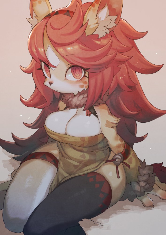 2019 anthro big_breasts breasts cleavage clothed clothing ear_tuft female hair headband kemono legwear long_hair looking_at_viewer mammal red_eyes red_hair ricosye simple_background sitting solo stockings thick_thighs tuft unusual_pupils