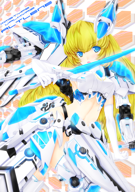 altrene armor blonde_hair blue_eyes busou_shinki elbow_gloves gloves long_hair md5_mismatch mecha_musume navel open_mouth r0g0b0 solo sword thighhighs weapon
