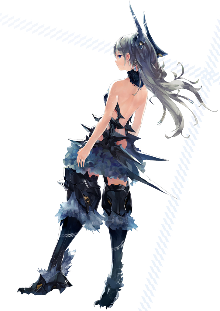 armor bare_back bare_shoulders black_legwear blue_eyes blue_hair braid collar dutch_angle earrings floating_hair frilled_skirt frills fur-trimmed_legwear fur_trim headgear jewelry long_hair mecha_musume original pump_(pumpqmuq) simple_background skirt solo standing thighhighs white_background zettai_ryouiki