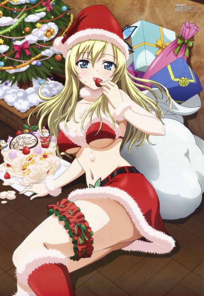 1girl blonde blue_eyes blush boku_wa_tomodachi_ga_sukunai breasts christmas hair_ornament hairclip kashiwazaki_sena large_breasts long_hair looking_at_viewer lying lying_down lying_on_side navel oppai present presents santa_costume santa_hat shitapai solo strawberry tongue when_you_see_it